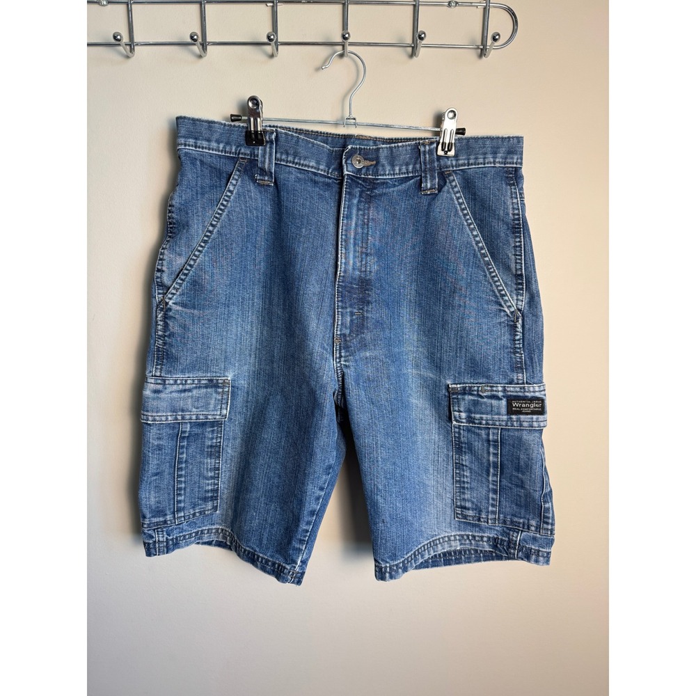 Wrangler Mens Blue Denim Cargo Shorts 32 Gorpcore Utility Workwear Rugged